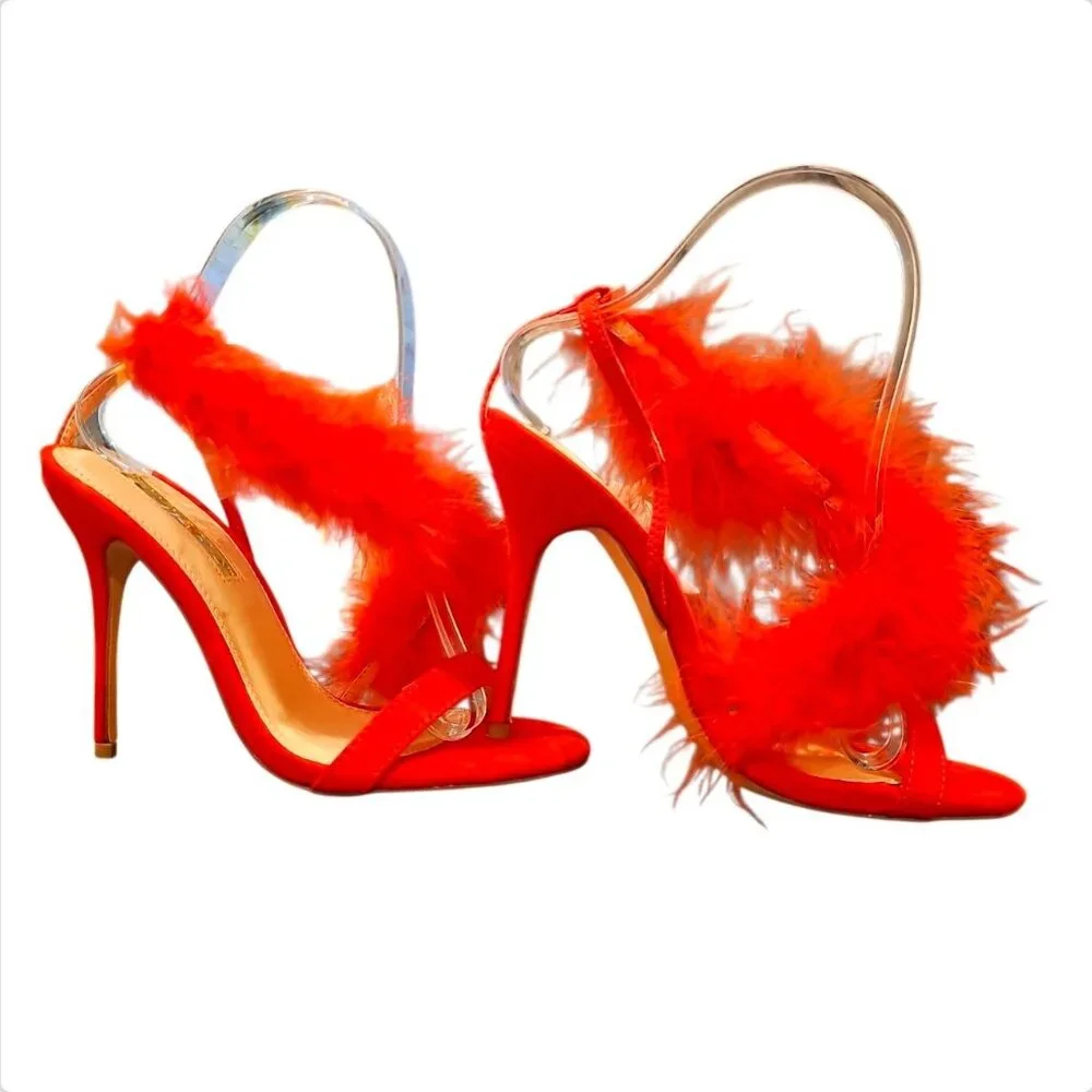 Bright Red Feathered High Heel Stiletto Open Toe Sandals With Dramatic Plume Acc